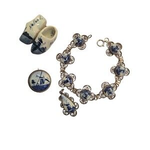 Vintage Dutch Delft Blue Jewelry Set + Mini Clogs Holland Windmill Motif 4 item